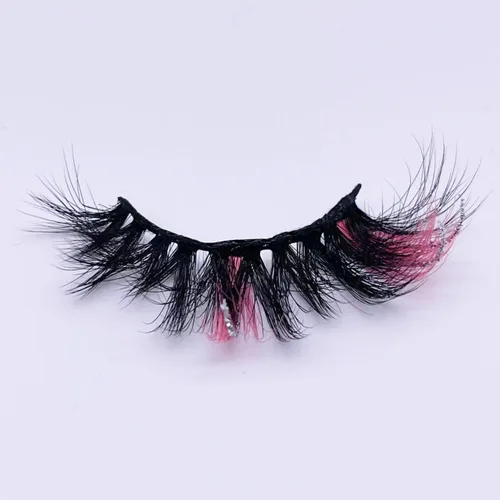 Miniatura 4 de Pestañas postizas negras con reflejos rosados y purpurina plateada, 1 par de pestañas de tira voluminosas brillantes con color, visón sintético