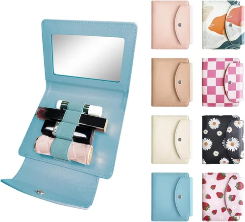 Miniatura 17 de Estuche de lápiz labial de PU con espejo, con capacidad para 4 lápices labiales largos, organizador de maquillaje, estuche de viaje para cosméticos