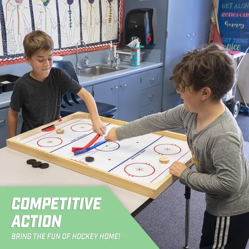 Miniatura 3 de GoSports Hockey Ice Pucky - Juego de hockey de mesa de madera para niños y adultos - Incluye 1 tablero de juego, 2 palos de hockey y 3 discos