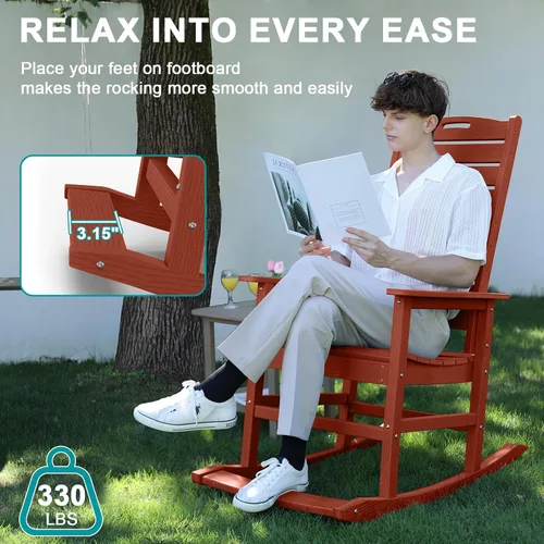 Miniatura 4 de PLUUV Mecedora para exteriores con estribo extraíble para adultos, sillas mecedoras de patio con respaldo alto de HDPE, mecedoras de porche