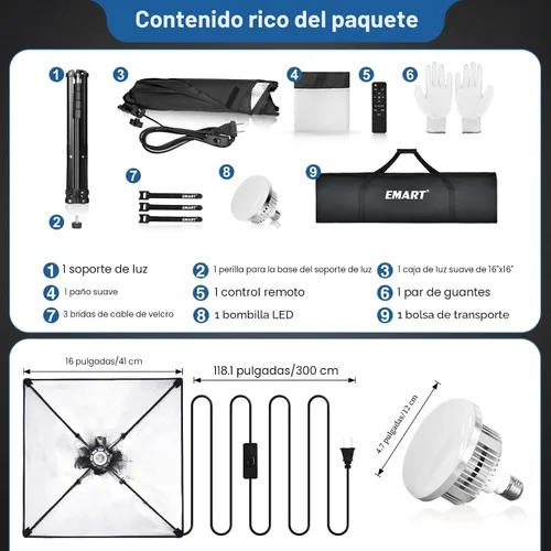 Miniatura 8 de EMART Kit de iluminación Softbox, softbox de 16 x 16 pulgadas, bombillas LED 3000K-6000K 85W con control remoto, trípode de 65 pulgadas, kit