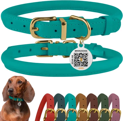 Miniatura 25 de Collar de cuero enrollado, redondo, suave y ajustable con placa de identificación por QR para perro pequeño, mediano y grande, cachorro y gato Rosa