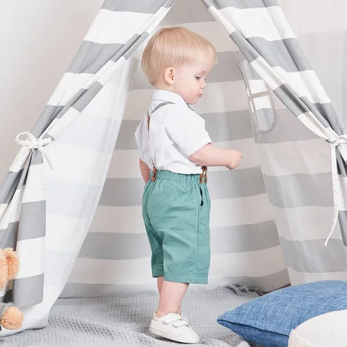 Miniatura 5 de Conjunto de traje de caballero de manga corta para bebé niño con corbatín + pantalones cortos con tirantes y pantalones cortos para bautizo festivo