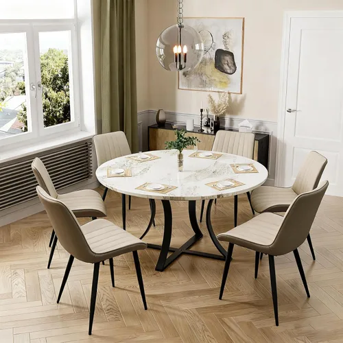 Miniatura 10 de Juego de 4 sillas de comedor tapizadas de piel sintética, modernas sillas de cocina y comedor con cómodos cojines y patas de metal negro, diseño