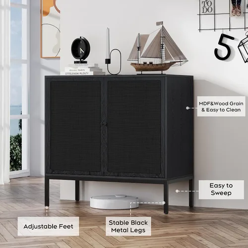 Miniatura 4 de Brafab Aparador negro con puertas decoradas de ratán natural, 31.5 pulgadas de ancho, armario de almacenamiento de ratán Credenza, gabinete bohemio