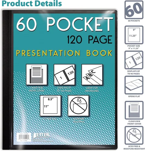 Miniatura 3 de Better Office Products Libro de presentación negro con 60 bolsillos, con cubierta frontal transparente, 120 páginas protectoras de hojas, hojas