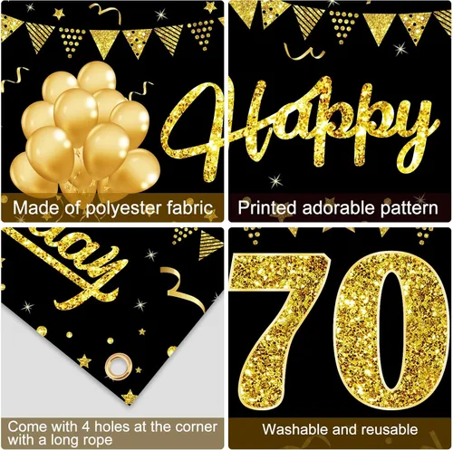 Miniatura 7 de Cartel de feliz cumpleaños 70 para mujeres y hombres, suministros de fiesta de cumpleaños de 70 años de color negro y dorado, divertido tema de 70