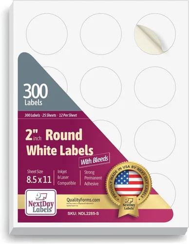 NextDayLabels Etiquetas adhesivas redondas blancas de 2" para impresoras láser/de inyección de tinta - para imprimir con sangrías - 12 por página |