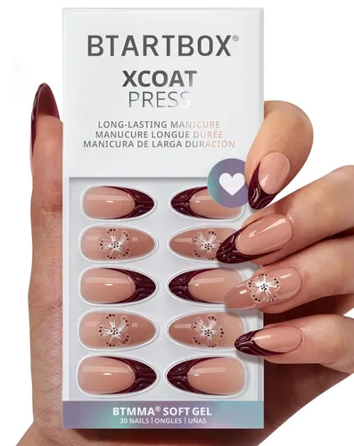 Miniatura 37 de BTArtbox Uñas cortas a presión, color negro, francés, almendra, con pegamento y pestañas adhesivas para mujeres en 16 tamaños, kit de 32 uñas de gel