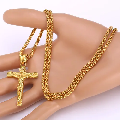 Miniatura 3 de U7 Men Crucifix Cross Pendant with Chain Baptism Christian Jewelry Stainless Steel18K Gold Antique Jesus Necklace Gift PackedLength 22