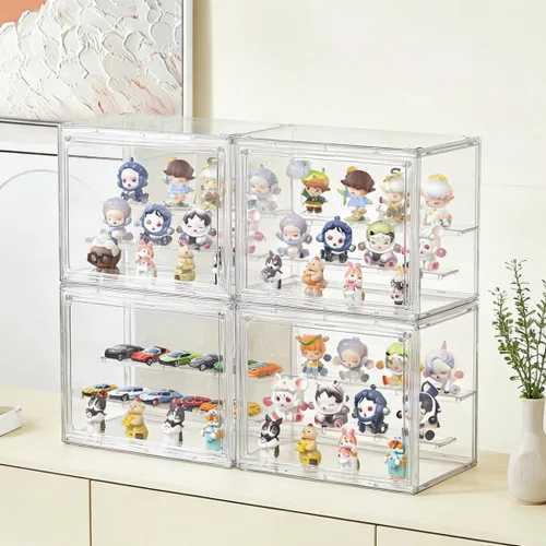 Miniatura 5 de Vitrina de exhibición acrílica, vitrina transparente de 3 capas, soporte de caja de exhibición ajustable con 2 divisores móviles, pequeña vitrina