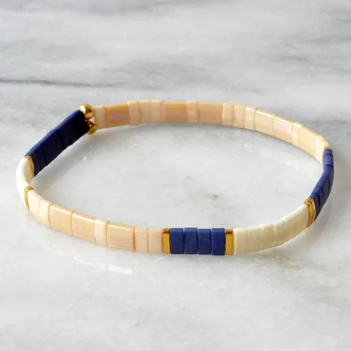 Miniatura 3 de Navy Blue and Beige Nautical 7 inch Tile Beaded Stretch Bracelet with Cream and Gold Tila Beads