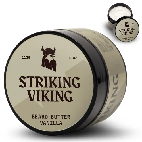 Striking Viking Mantequilla para barba – Crema hidratante no grasa con ingredientes naturales (vainilla, 4 onzas) – Mantén tu barba hidratada y