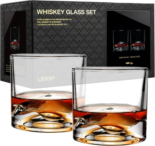 LIITON Mont Blanc - Juego de regalo de 2 vasos de whisky de cristal pesado, vaso de bourbon grueso congelable de 1 libra cada uno, regalos de whisky
