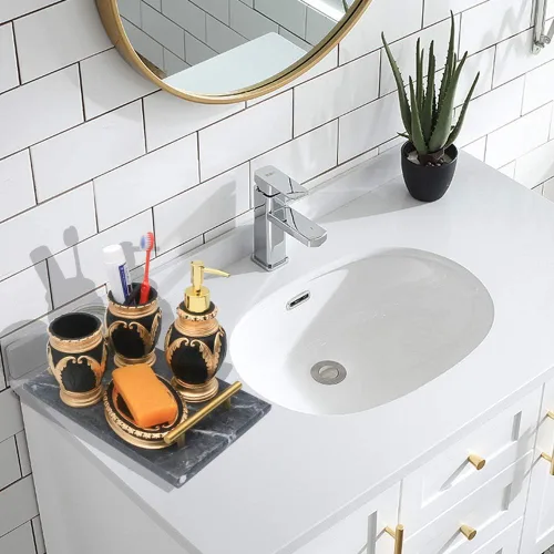 Miniatura 4 de LUANT Juego de accesorios de baño de 4 piezas, incluye vaso, soporte para cepillo de dientes, jabonera y dispensador de jabón, negro con dorado