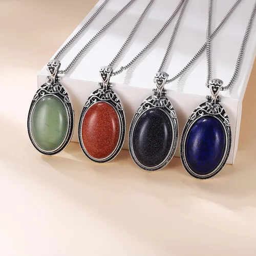Miniatura 4 de VIJASHOP Collar ovalado de piedras preciosas de acero inoxidable, colgante vintage, piedras semipreciosas, regalo de joyería para mujeres y niñas
