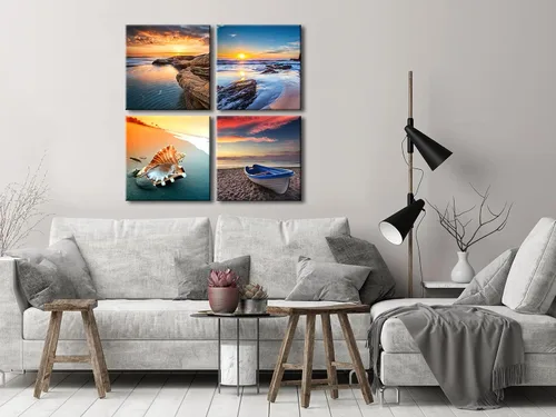 Miniatura 2 de Pyradecor Puesta de sol mar playa moderna paisaje marino cuadros cuadros sobre lienzo arte de pared 4 paneles estirados impresiones de lienzo