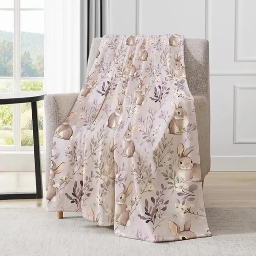 Miniatura 3 de Manta Bonita de Conejo - Adorable Manta de Forro Polar de Conejo con Diseño Floral en Lavanda Pastel, Regalos para Niños y Niñas, Suave y Cálida