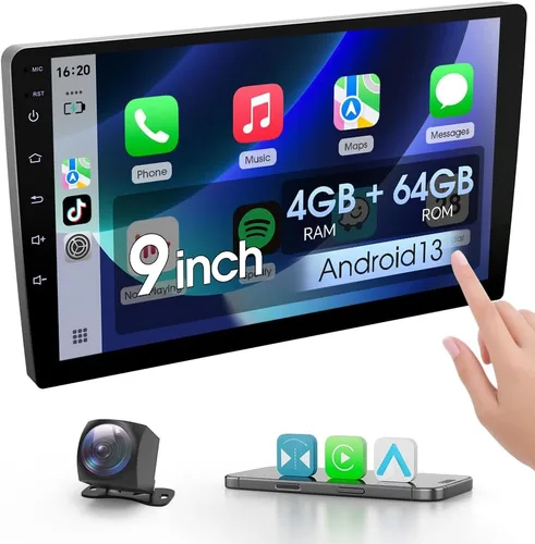Haudio - Estéreo de coche Android de 9 pulgadas con doble DIN (RAM4GB+ROM64GB) para Apple Carplay y Android Auto, radio de coche con cámara trasera,