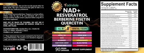 Miniatura 8 de Adndale Suplemento de Resveratrol NAD. NMN Alternativa Liposomal NAD+, Trans Resveratrol, Quercetina, Berberina, Betaína Anhidra, Semilla de Uva