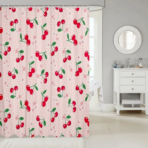Miniatura 2 de Feelyou Accesorios impermeables de baño de cereza roja con 12 ganchos, cortina de ducha de frutas de dibujos animados para niñas, mujeres y niños