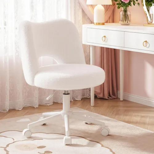 DurayLoly Silla de Tocador con Ruedas Sin Brazos, Silla de Tocador Blanca con Respaldo, Silla de Escritorio Ultra-Suave de Felpa Linda, Silla de