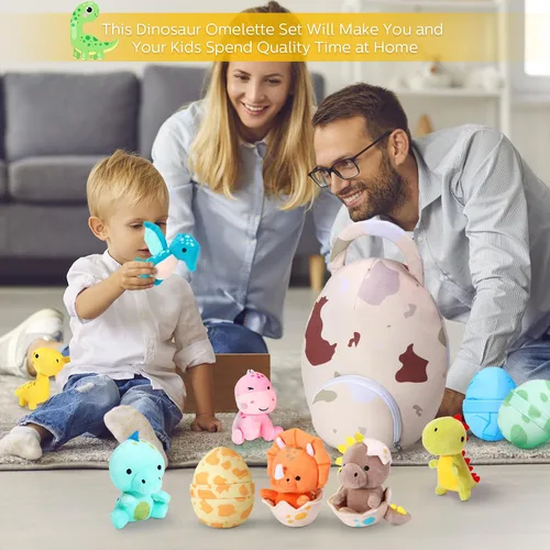 Miniatura 6 de Zhanmai 11 piezas de juguete de dinosaurio de Pascua de peluche pequeño y bolsa de huevos Dino de peluche lindo juguete de dinosaurio de peluche