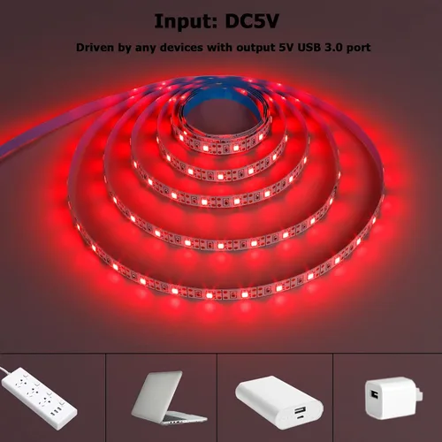 Miniatura 2 de Tira de luz LED roja USB 620-625nm 5V alimentada por USB, 13.12 pies/4M, 240 LED, flexible, SMD2835, de alto brillo, sin impermeabilidad, IP20