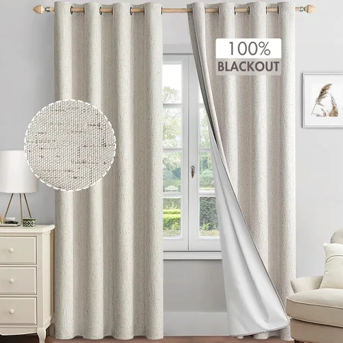MIULEE Cortinas opacas con textura de lino 100% para dormitorio, 90 pulgadas de largo, con aislamiento térmico, color marfil, cortinas opacas con