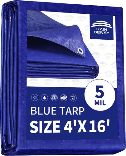 RAINDEWAY Tarps - Lona impermeable de color azul de 4 x 16 pies de grosor, resistente a desgarros, multiusos, para techo, campamento, automóvil,
