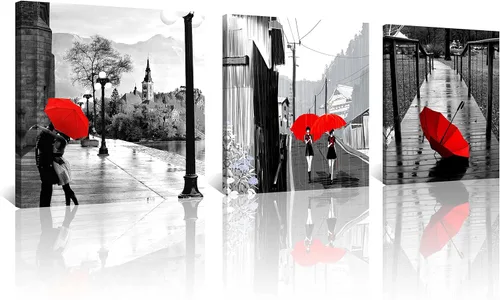 Miniatura 20 de NAN Wind 3 piezas de lienzo moderno Giclée impresiones en blanco y negro con paraguas rojos, lienzo romántico para parejas, pinturas de paisaje rojo