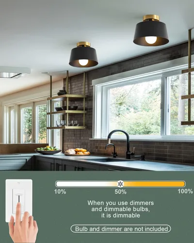 Miniatura 5 de Lámpara de Techo Moderna Semi Empotrada con Placa Dorada y Pantalla Negra Mate, Lámpara de Techo Estilo Granja para Isla de Cocina Comedor Vestíbulo
