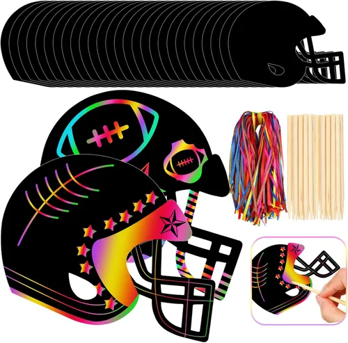 Syhood Juego de 64 piezas de manualidades de papel para rascar de fútbol, diseño de arco iris, casco de fútbol, tarjetas de rascar con lápiz óptico