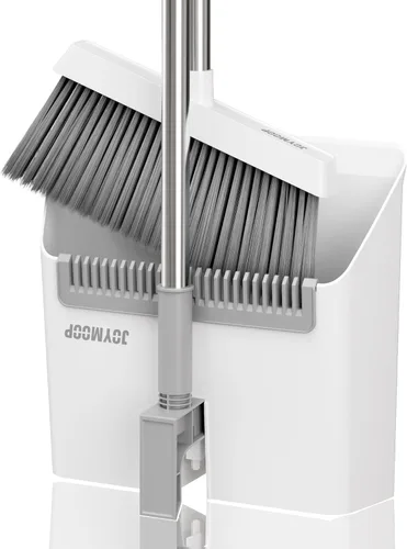 JOYMOOP Juego de escoba y recogedor blanco, diseño angular vertical con dientes de peine incorporados para cocina, oficina, pelo de mascotas, suelos