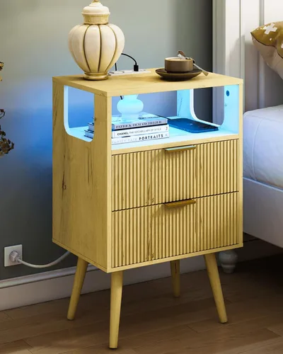 Miniatura 9 de JOONEE - Mesita de noche negra con estación de carga y luces LED, mesa de noche moderna con 2 cajones de almacenamiento y estante de madera abierto