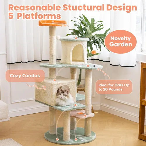 Miniatura 3 de HYABi - Árbol para gatos de 53 pulgadas con flores, casa de gatos de varios niveles con postes para rascar y juguetes, diseño fresco