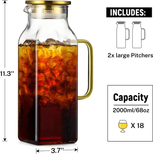 Miniatura 2 de 2 Pack de jarras de vidrio cuadrado de 2 litros/68 oz con tapa y asa para refrigerador, jarra para té helado y café, recipiente para bebidas, jarra