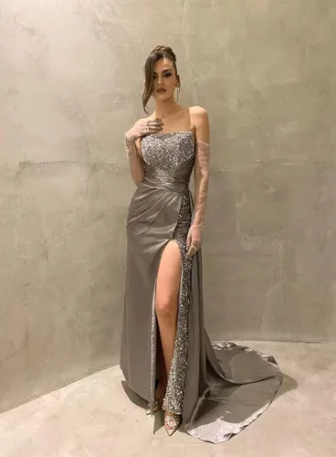 Miniatura 6 de Vestidos de fiesta de lentejuelas brillantes, vestido de dama de honor de sirena 2024 con tubo de hendidura, vestido formal de noche de satén