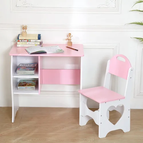 Miniatura 3 de Juego de escritorio y silla para niños, escritorio de estudio para niños con estante de almacenamiento, mesa de estudio escolar de madera, mesa