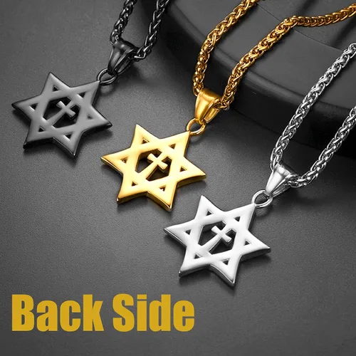 Miniatura 76 de U7 - Collar con Estrella de David para hombres y mujeres, dije hexagonal de acero inoxidable con cruz/piedra de rubí/collares clásicos judíos