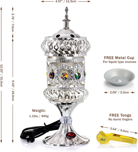 Miniatura 3 de ATTAR MIST Quemador de incienso eléctrico - Quemador de resina de incienso Oud - Carrusel intrincado grande Mabkhara Silver Plata