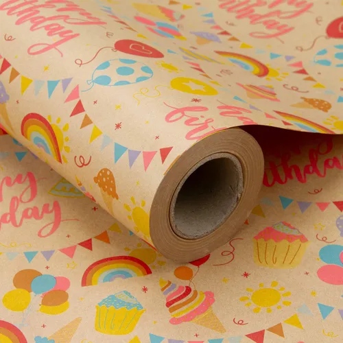 RUSPEPA - Rollo de papel de estraza para envolver regalos, diseño de cumpleaños; ideal para cumpleaños, fiesta, baby shower; 24 pulgadas x 100 pies