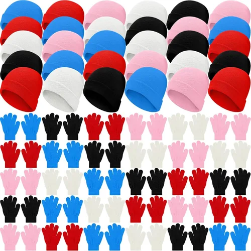 Miniatura 12 de Handepo 60 unidades de gorro y guantes de invierno para niños, sombreros de punto a granel, guantes cálidos unisex para clima frío, regalos