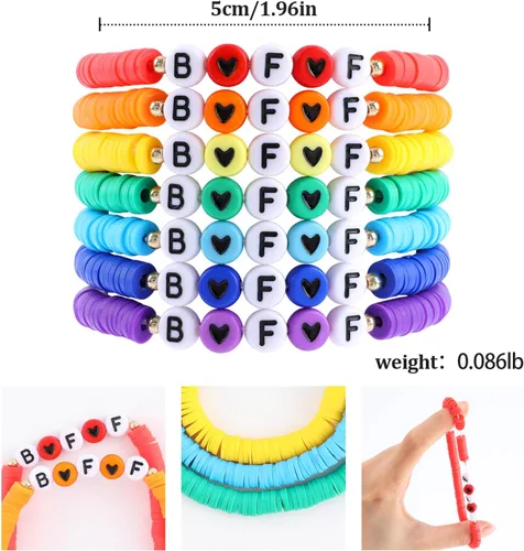 Miniatura 2 de Juego de pulseras Heishi Surfer de arcoíris para mujeres y niñas, pulseras apilables de arcilla con cuentas de disco, pulseras elásticas de disco