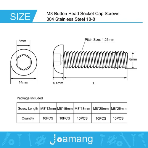 Miniatura 2 de Tornillos de cabeza de botón M8 x 0.472 in, 0.630 in, 0.709 in, 0.787 in, 0.984 in, acero inoxidable 304, unidad hexagonal Allen métrica, acabado
