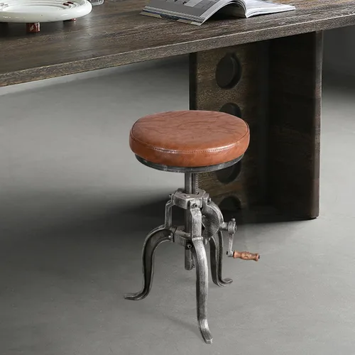 Miniatura 8 de Topower Taburete de manivela industrial antiguo de hierro fundido Silla de tres patas Taburete de bar de cuero PU