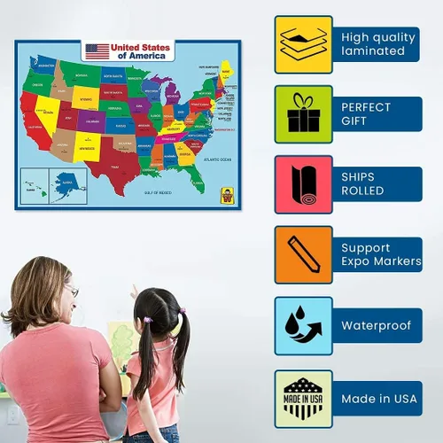 Miniatura 7 de Póster laminado del mapa de los Estados Unidos - Póster educativo doble cara para niños/adultos - Mapa impermeable de 17 x 23 pulgadas para el hogar