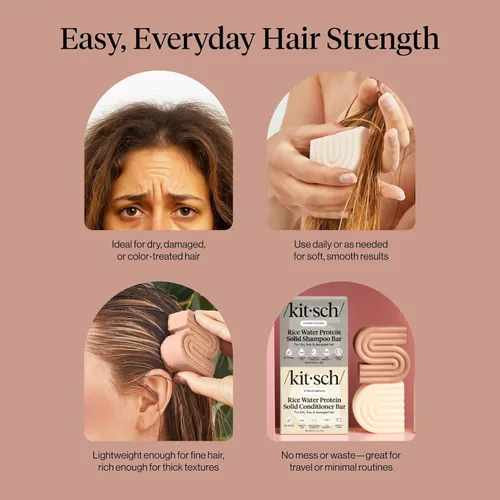 Miniatura 8 de Kitsch Set de champú y acondicionador de agua de arroz, barra sólida de champú y acondicionador con proteína para el crecimiento del cabello