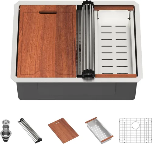 Miniatura 31 de Lordear Fregadero de cocina de montaje inferior de 23 pulgadas, estación de trabajo, fregadero de cocina de acero inoxidable calibre 16, cuenco