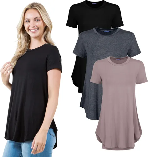 Miniatura 7 de Azules Blusa larga de manga corta para mujer, con cuello redondo y dobladillo curvado, suave y elástica